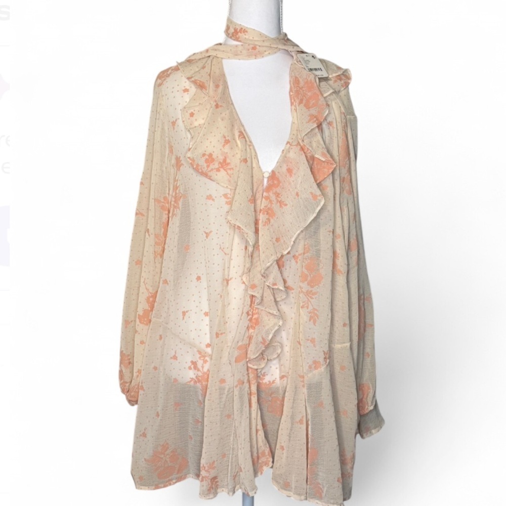 NWT Free People Dreamland Floral Tunic XS – Cream & Peach Sheer Ruffle Top